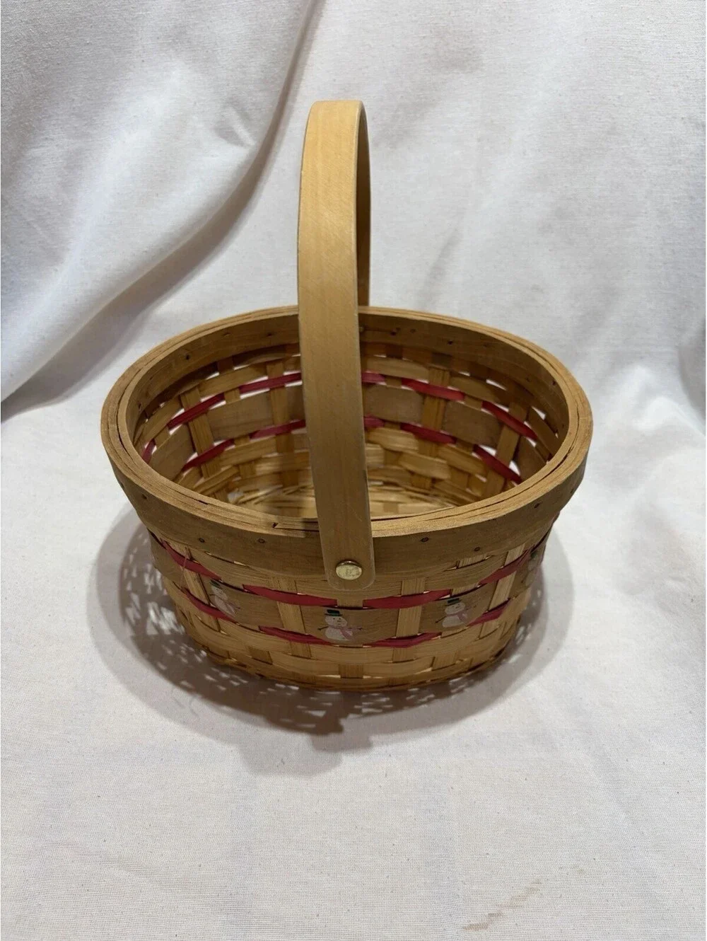 Wooden Woven Christmas Holiday Winter Basket With Handle & Snowman